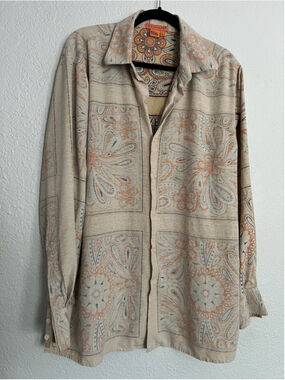 Men's Tulliano Silk Casual Button Down Shirt Size L Beige Orange Paisley